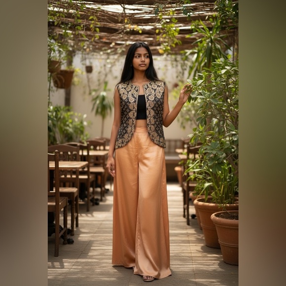 Indian Kalki Exclusive Designer Gota Pati Jacket & Silk Cowl Pant Set - Picture 3 of 6